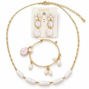 Saachi Gold Tone Irregular Pearl Necklace Bracelet Drop Earrings Set